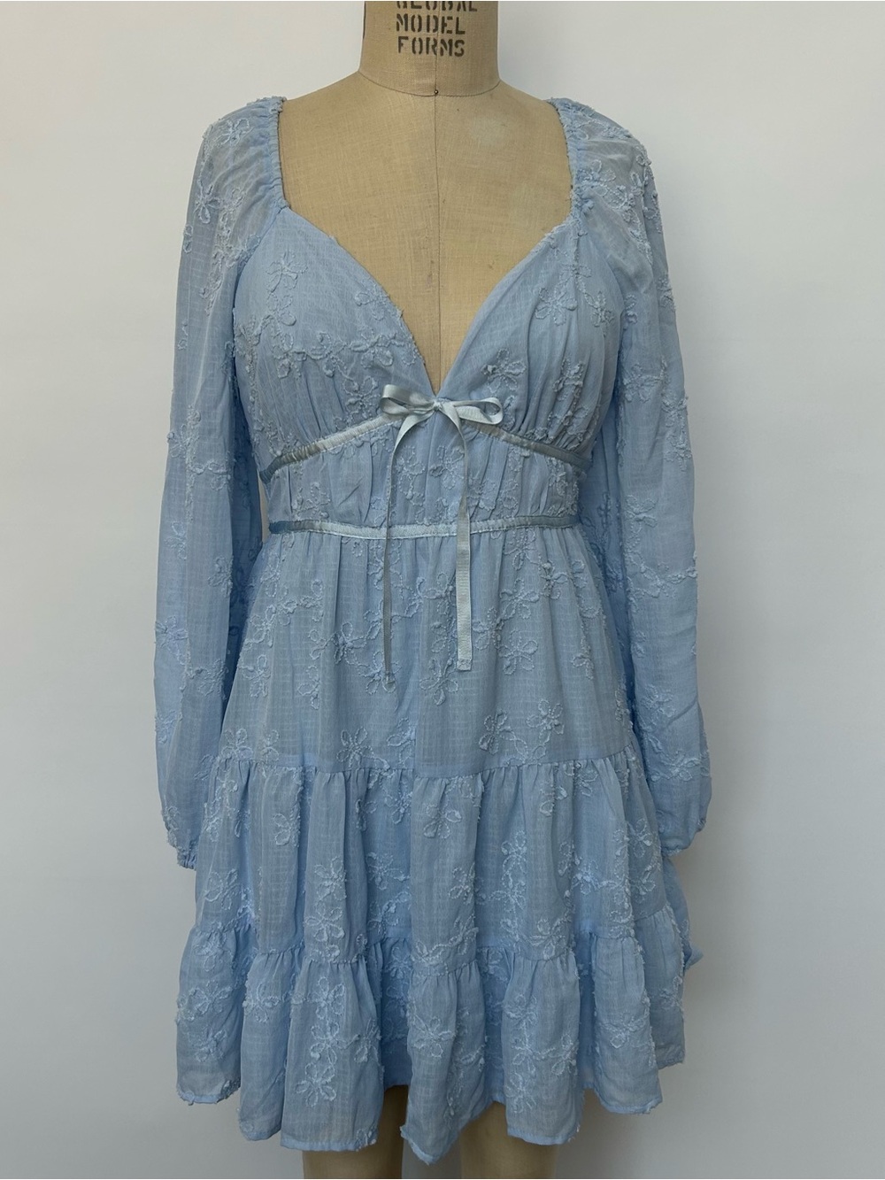 Light Blue V-Neck Long Sleeve Embroidered Tiered Dress